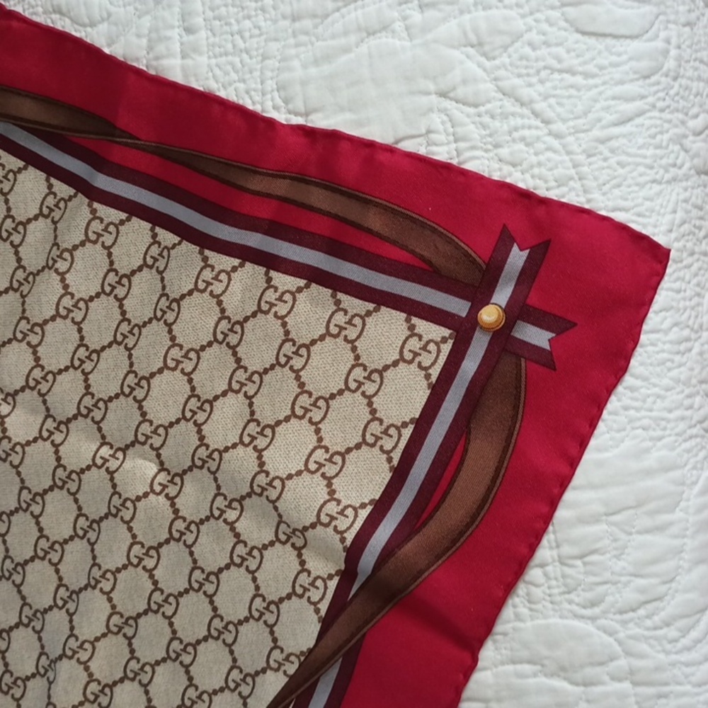 Gucci Red/Burgundy and Brown Patterned Silk Scarf Square Luxury Logo Equestrian - Picture 3 of 9